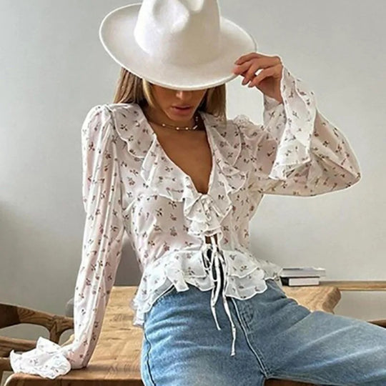 V-hals chiffonbluse med tryk til kvinder