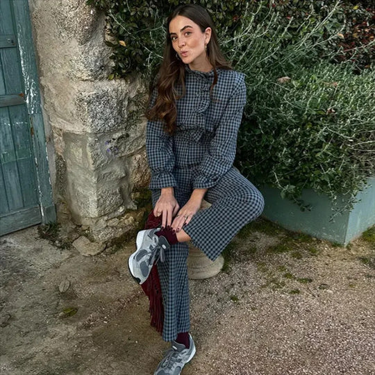 Kvinders bobleærmer plaid jumpsuit