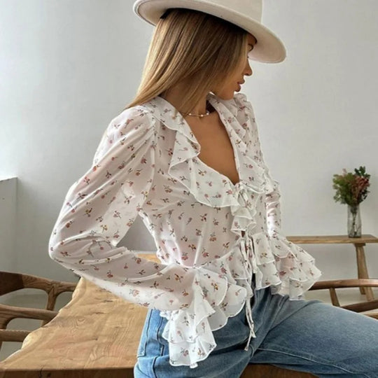 V-hals chiffonbluse med tryk til kvinder