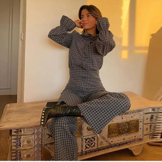 Kvinders bobleærmer plaid jumpsuit