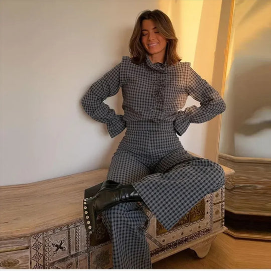 Kvinders bobleærmer plaid jumpsuit