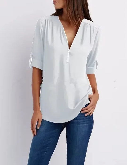 Chiffonbluse med dyb V-hals til kvinder
