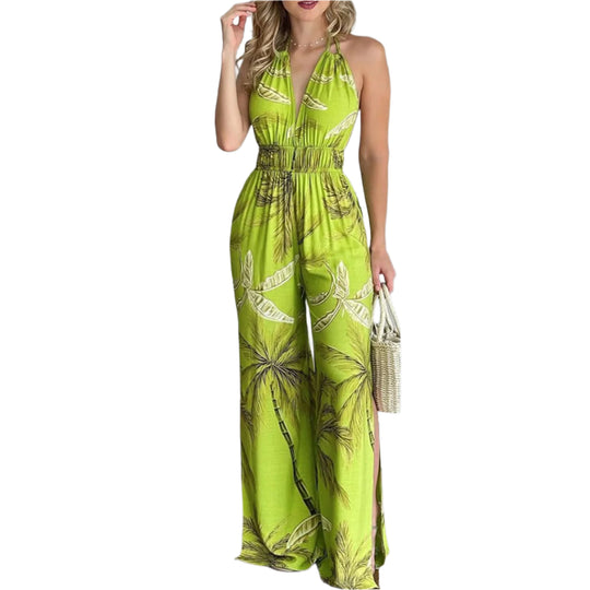 Digital Print V-hals Farverig Jumpsuit