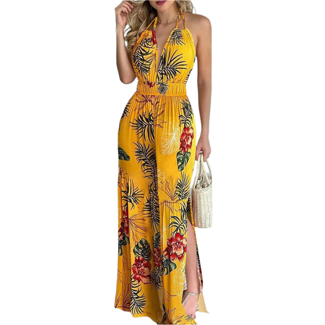 Digital Print V-hals Farverig Jumpsuit