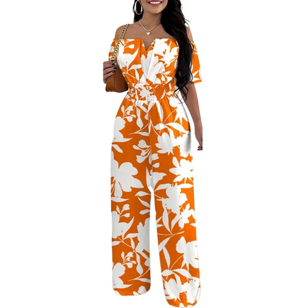 Fashion Print Off-shoulder smocked talje jumpsuit